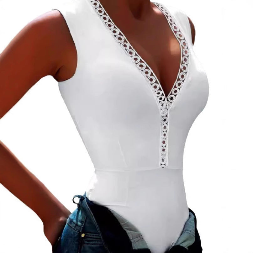 Women's Bodysuit with Decorative V-Neck and Lace Trim