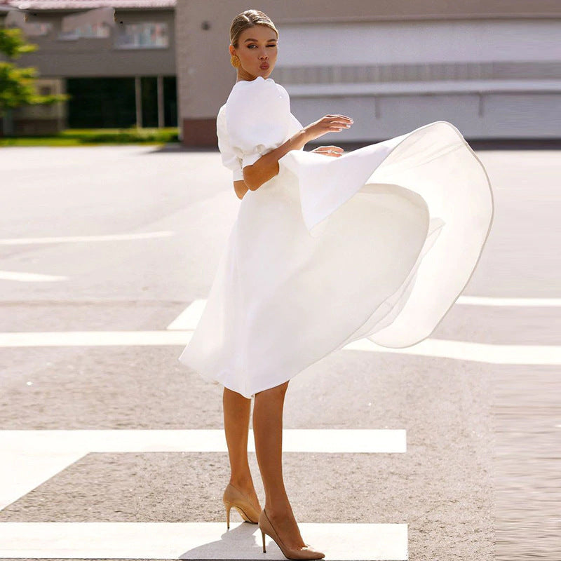 Women's A-Line Dress with Puff Sleeves and Fitted Waist