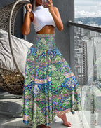 Women's Macro Skirt with Elastic Waist and Colorful Ethnic Pattern
