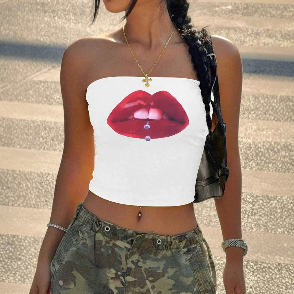 Women's Bandeau Top with Lip Motif and Fitted Cut