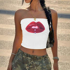 Women's Bandeau Top with Lip Motif and Fitted Cut