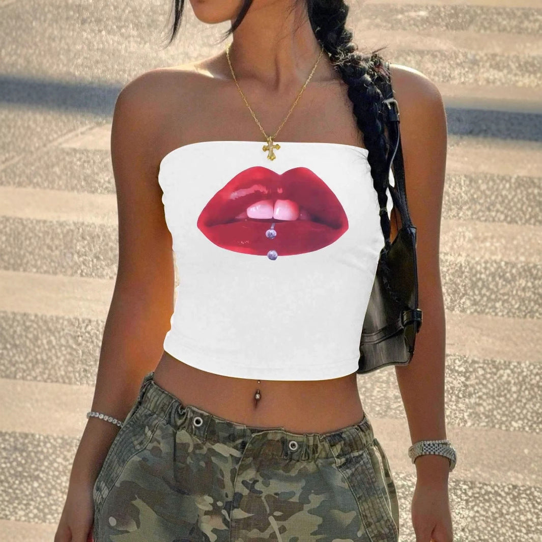 Women's Bandeau Top with Lip Motif and Fitted Cut