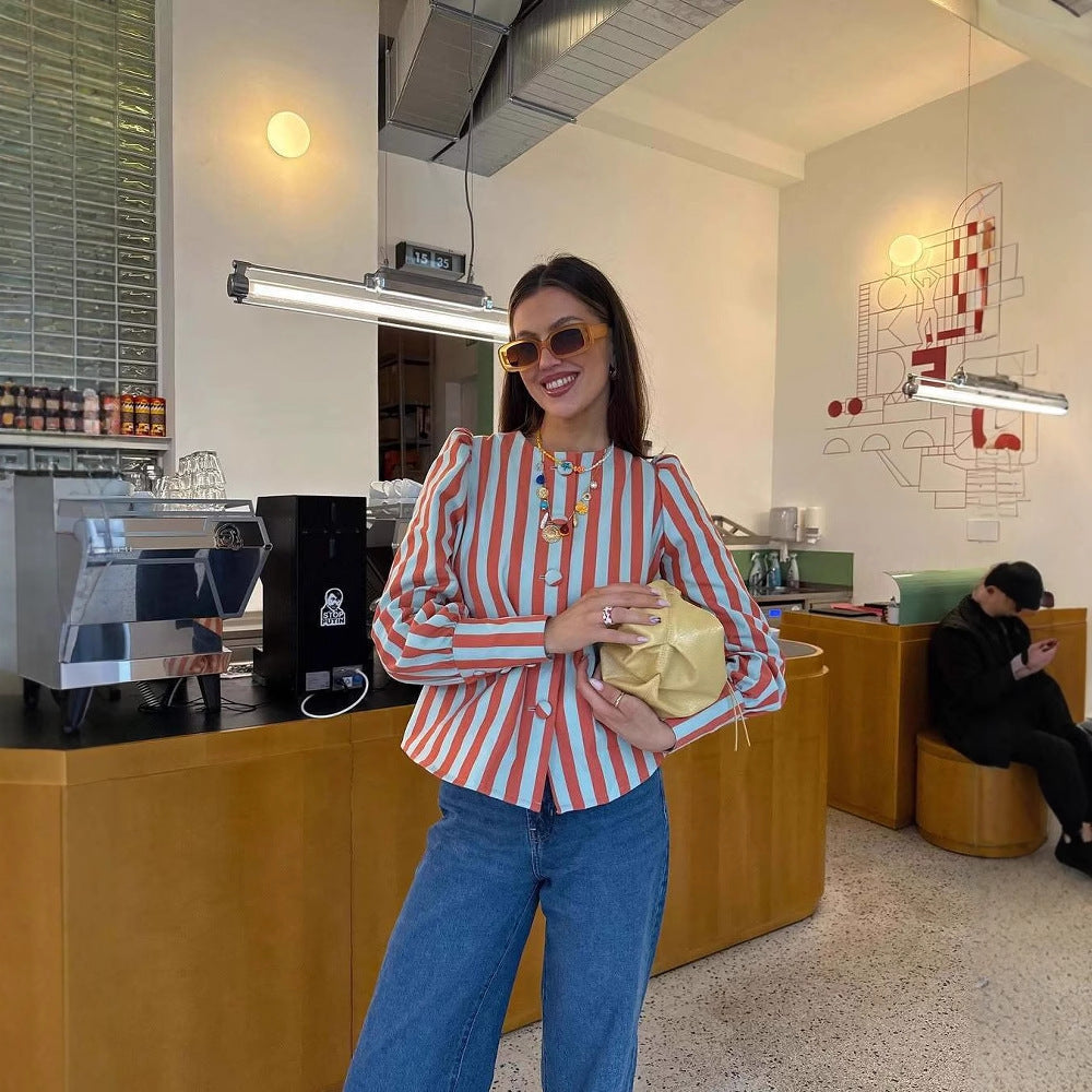 Women's Long Sleeve Striped Blouse with Puff Sleeves
