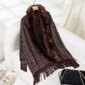 Women's Elegant Knit Poncho with Faux Fur Collar and Fringed Hem