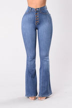 Women's High-Waisted Flared Jeans with Decorative Button Placket