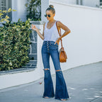 Women's Flared Jeans with Distressed Effects and Button Detail