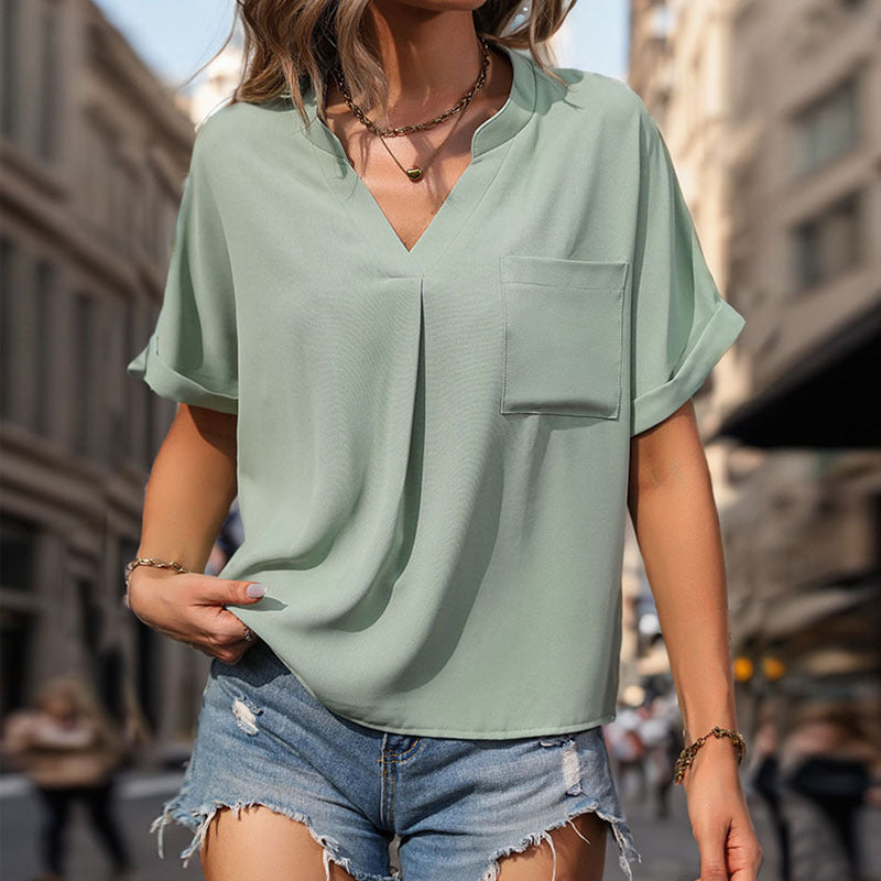 Women's Casual V-Neck Blouse with Chest Pocket and Rolled Sleeves