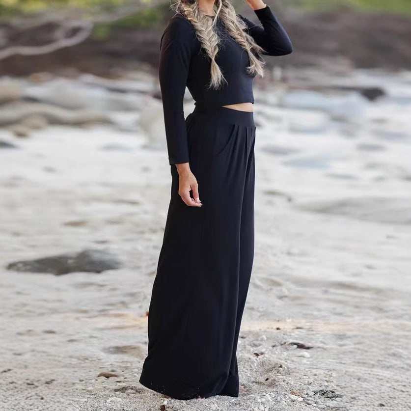 Women's Casual Set with Cropped Top and Wide Pants