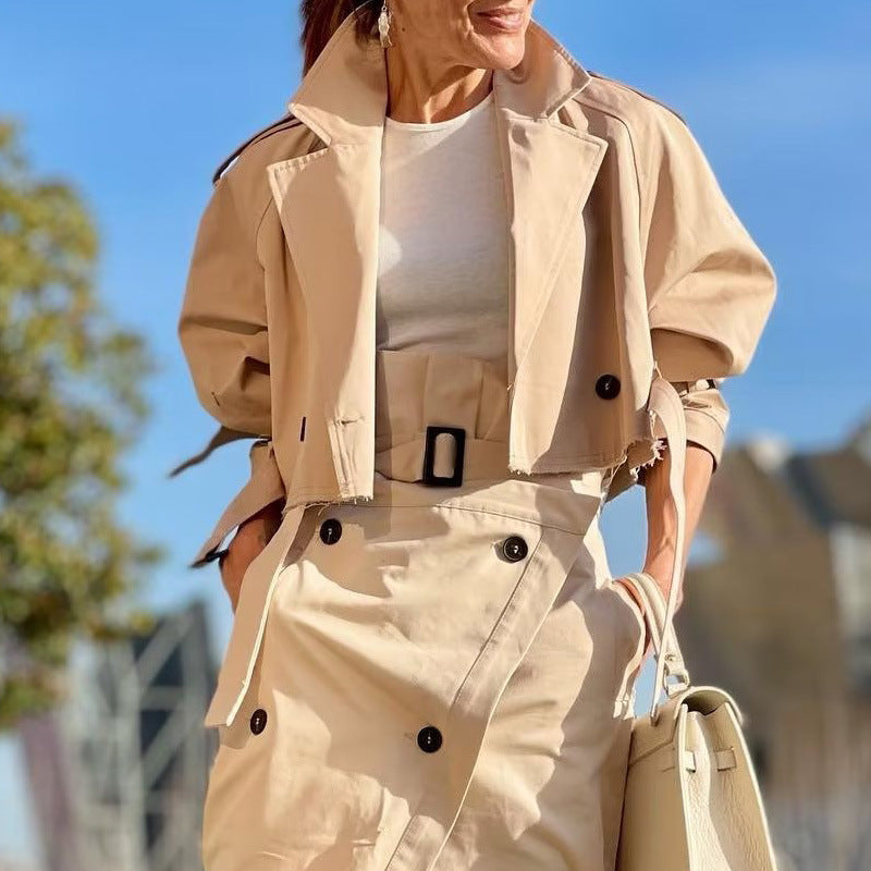 Women's Cropped Trench Jacket with Double Button Details