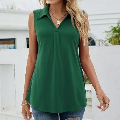 Sleeveless Blouse Top with Collar and V-Neck