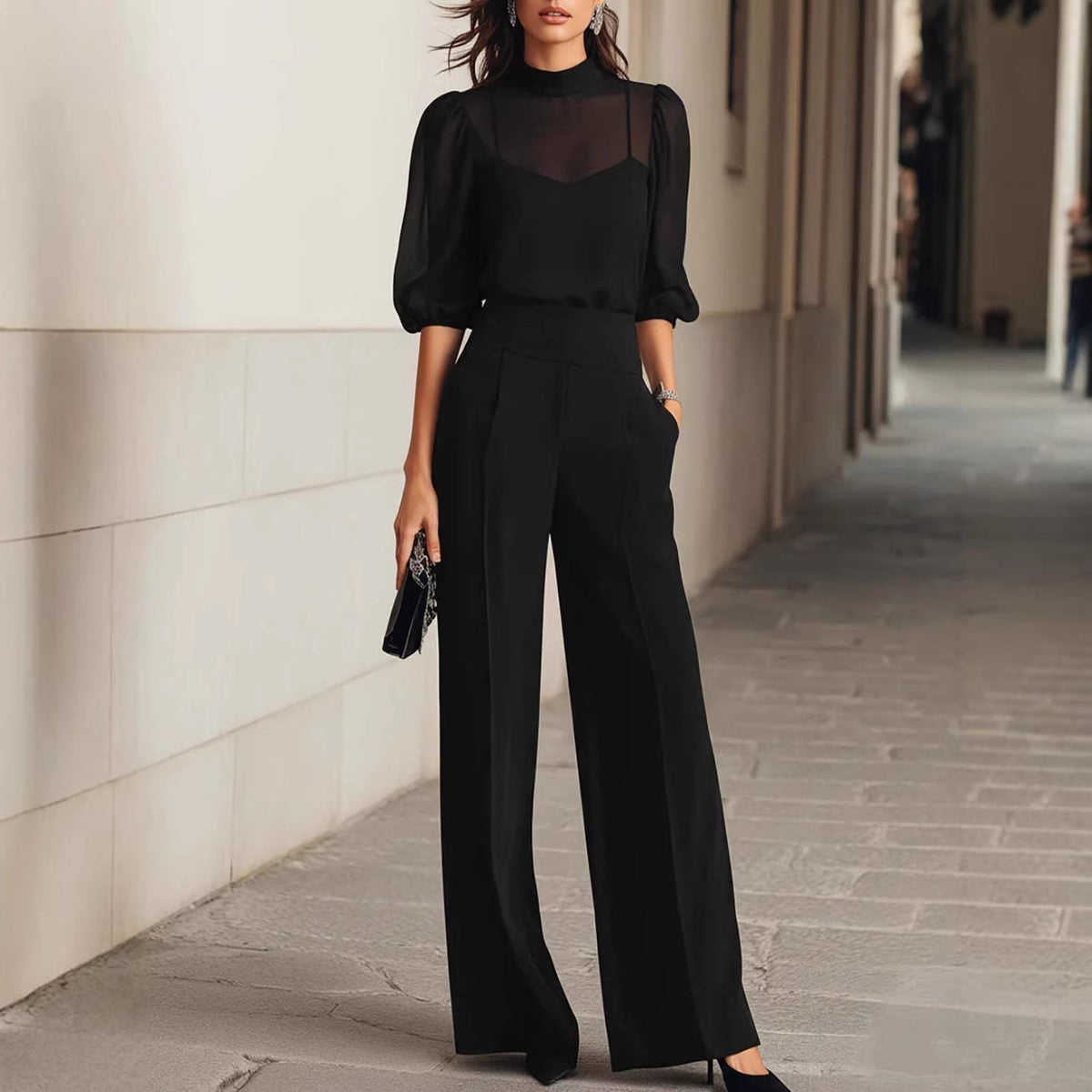 Women's Elegant Blouse Set with Wide-Leg Trousers and Sheer Sleeves