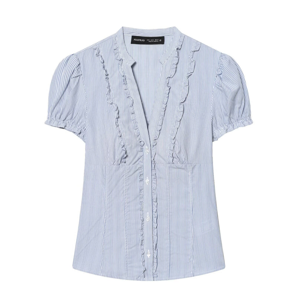 Women's Blouse with Ruffle Details and Fine Stripes