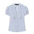 Women's Blouse with Ruffle Details and Fine Stripes