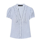 Women's Blouse with Ruffle Details and Fine Stripes