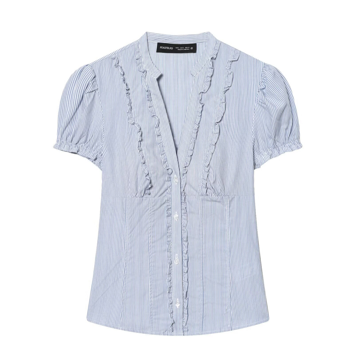 Women's Blouse with Ruffle Details and Fine Stripes