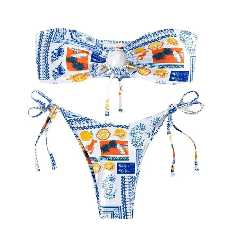 Women's Bandeau Bikini with Floral Patterns and Sophisticated Ties