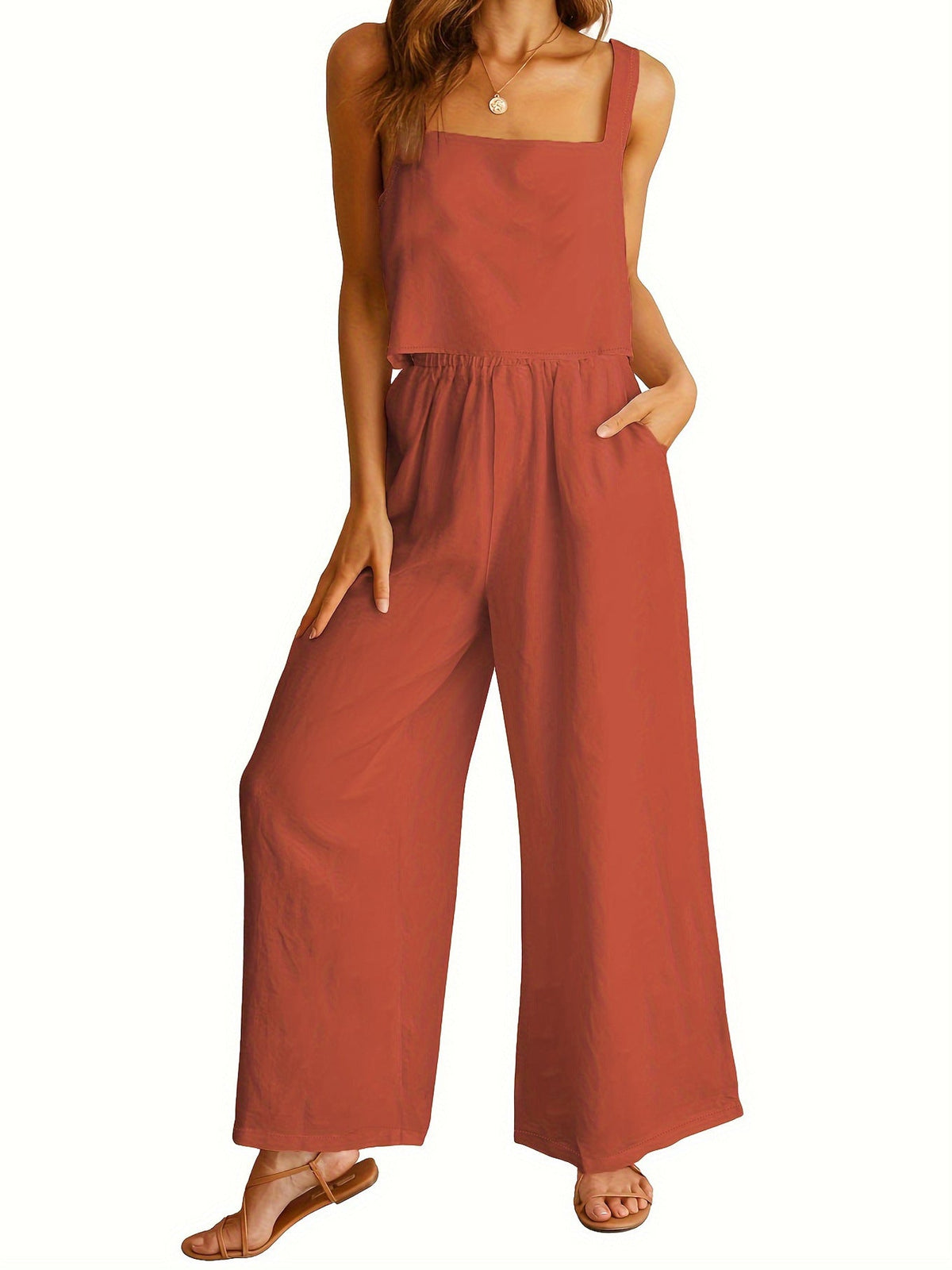Women's Casual Wide-Leg Jumpsuit with Pockets