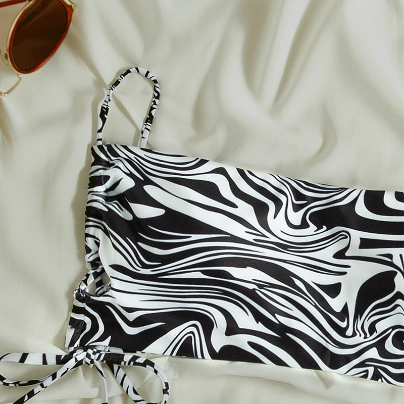 Women's Swimsuit Set with Adjustable Ties and Modern Marble Pattern