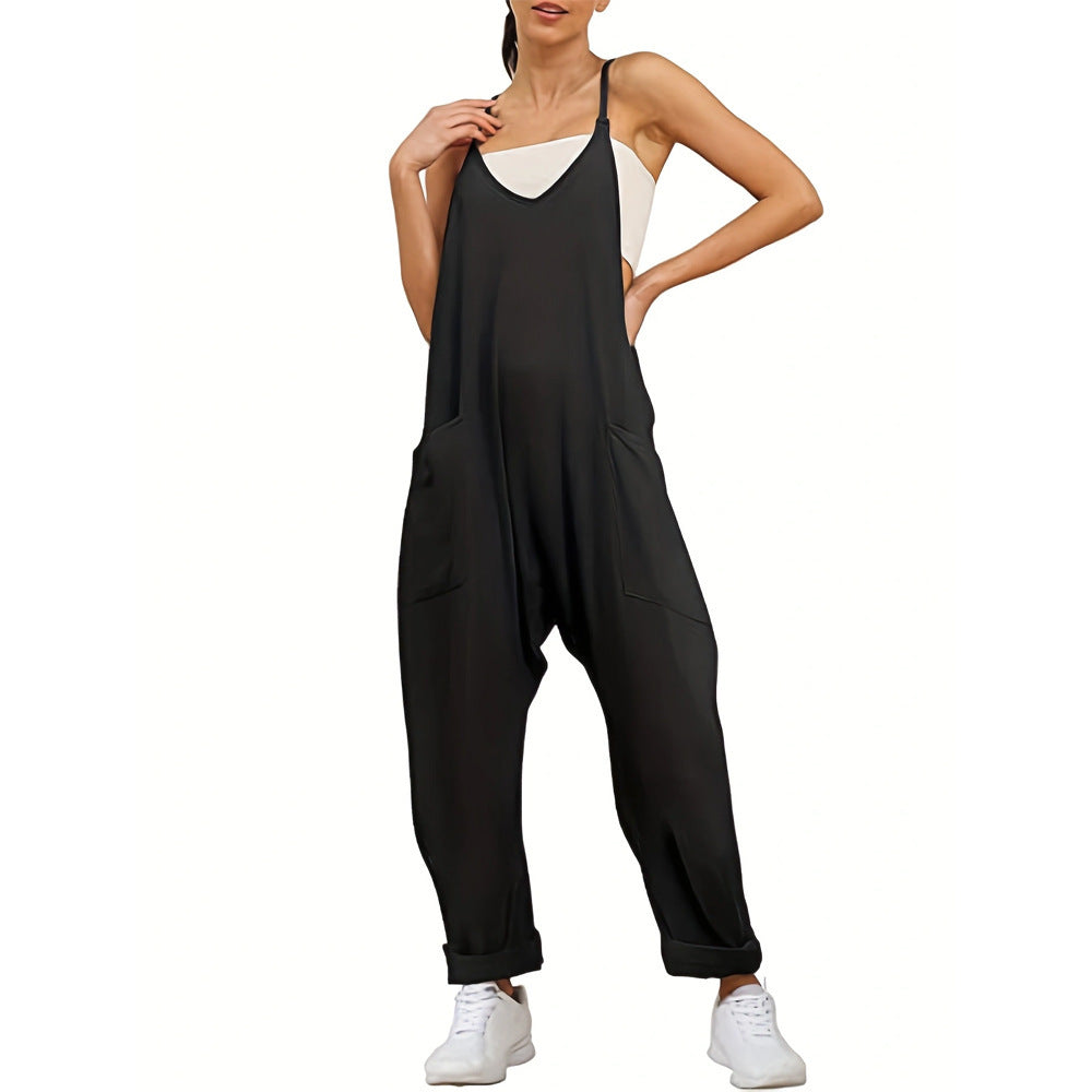 Women's Casual V-Neck Jumpsuit with Pockets