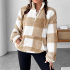 Women's Fluffy Plaid Pullover with Half-Zip