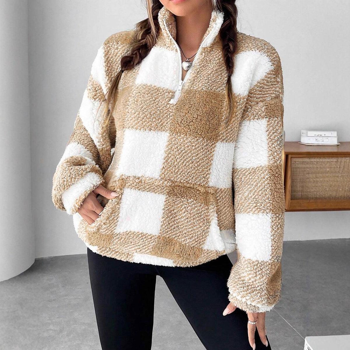 Women's Fluffy Plaid Pullover with Half-Zip