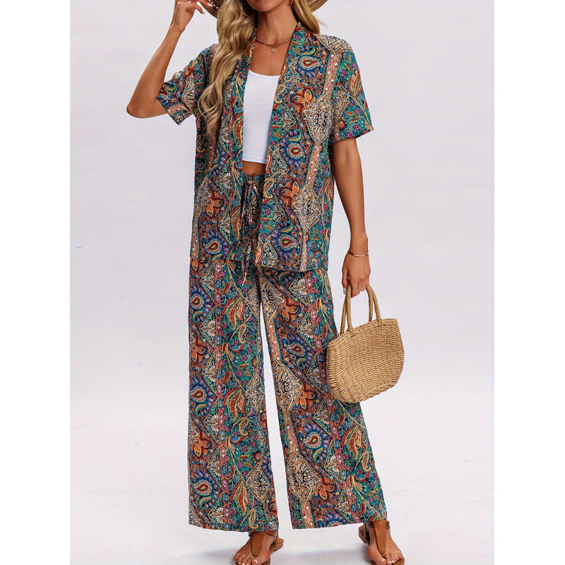 Women's Short-Sleeve Overall with Ruffle Details and Tie Belt