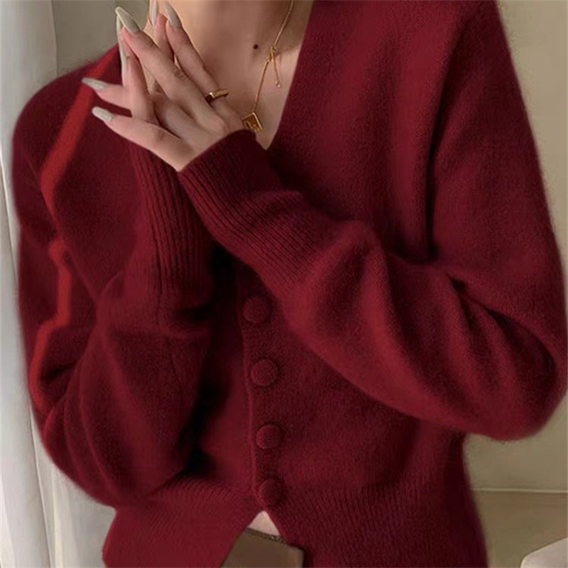 Women's Fluffy Cardigan with V-Neck and Decorative Buttons