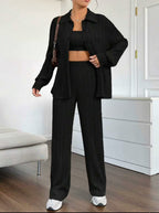 Women's Elegant Striped Blouse and Loose Pants Set