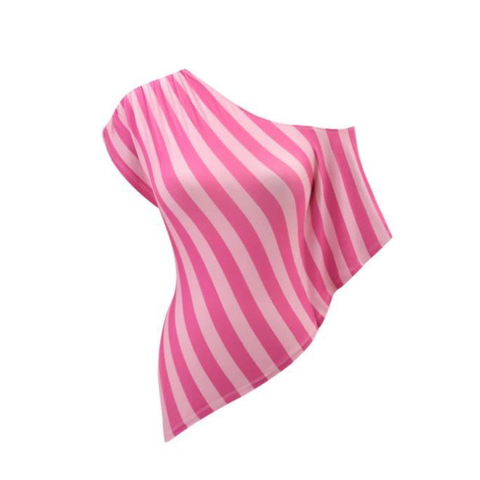 Women's Asymmetrical Short-Sleeve T-Shirt with Striped Pattern