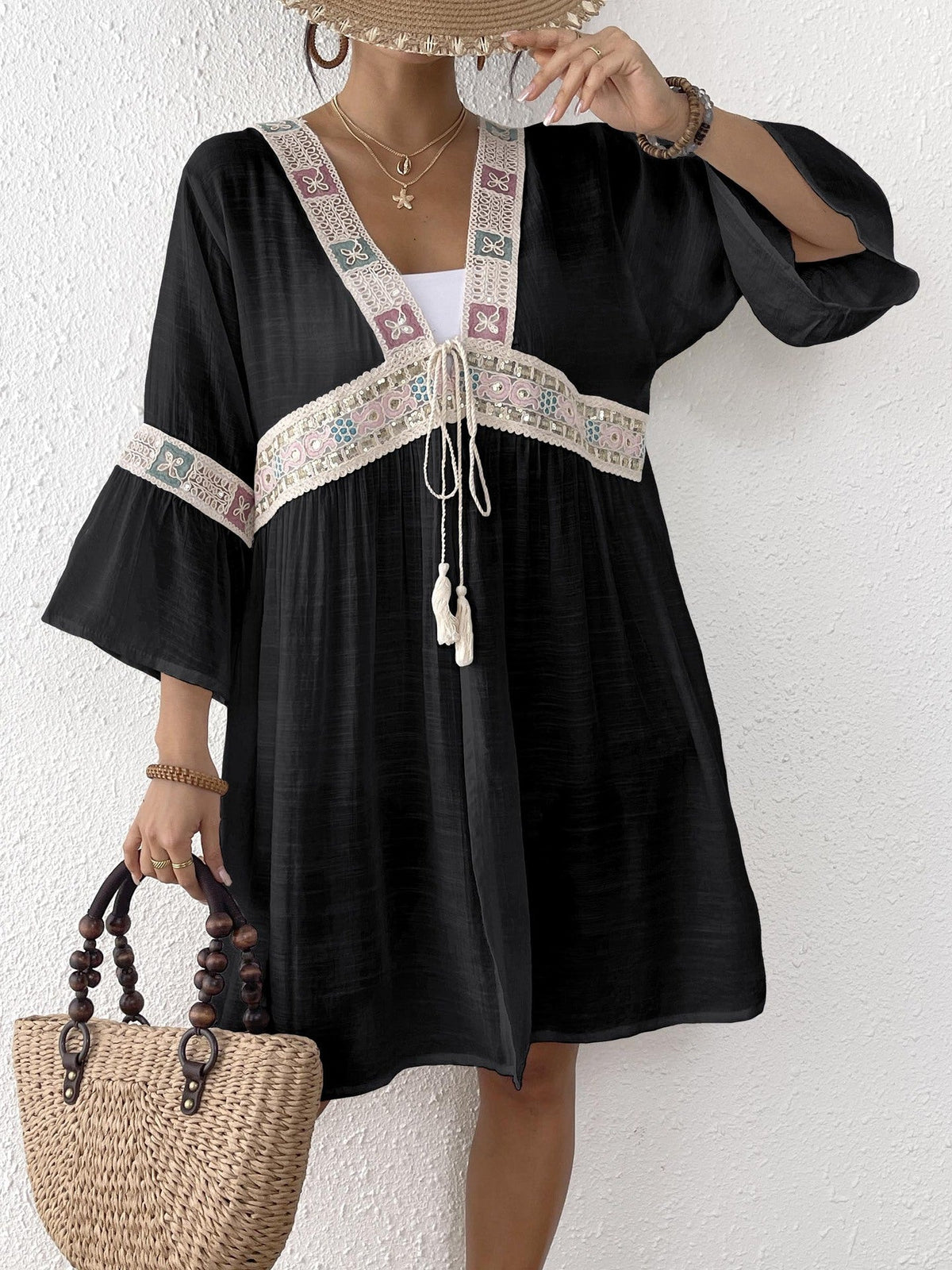 Women's Airy Beach Kimono with Floral Embroidery