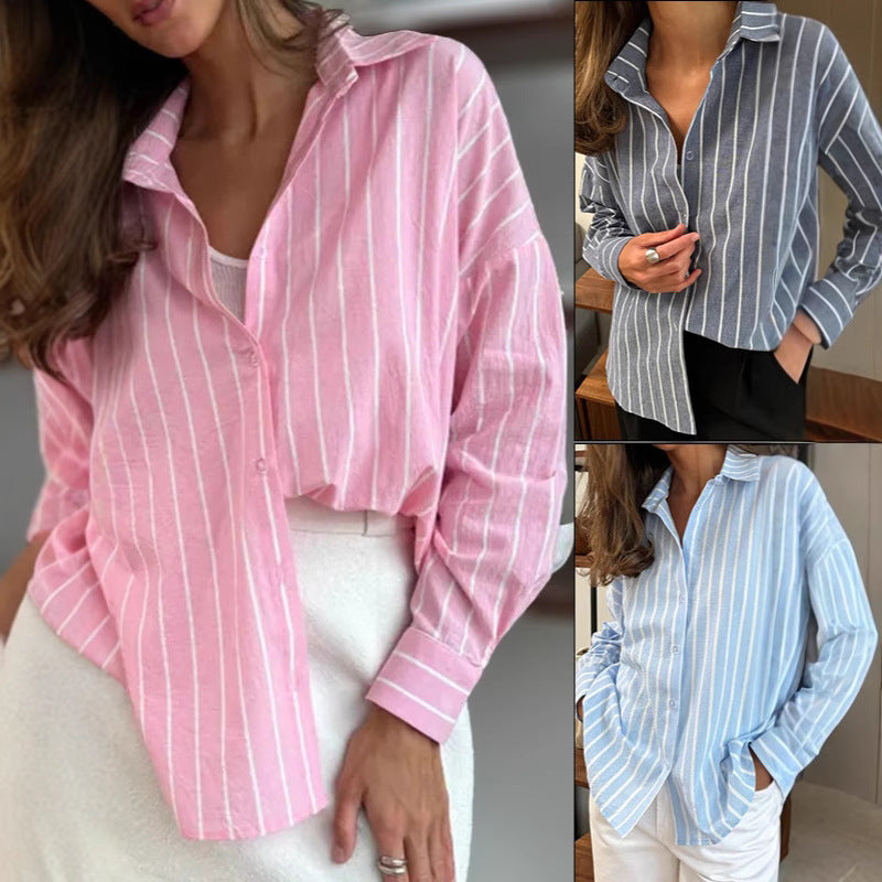 Women's Casual Blouse with Fine Stripes and Generous Cut
