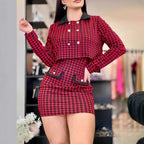Women's Fashionable Plaid Ensemble with Deep Collar