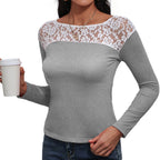 Women's Elegant Long-Sleeve Shirt with Floral Lace Details