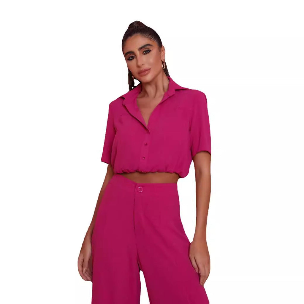 Women's Elegant Short-Sleeve Blouse and Palazzo Pants Ensemble