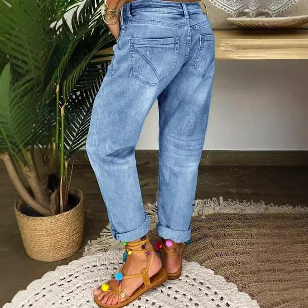 Women's Boyfriend Jeans with Button Fly and Distressed Details