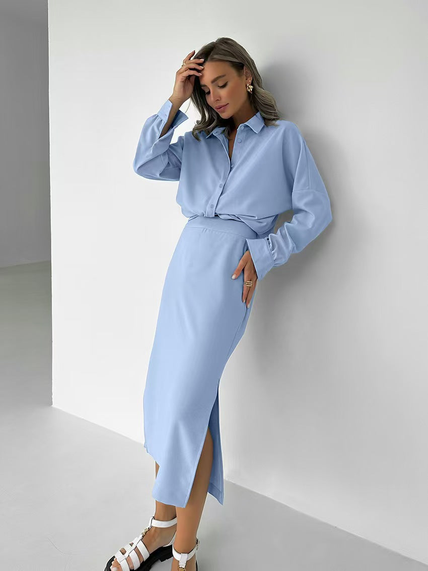 Elegant Long-Sleeve Shirt with Matching Maxi Skirt