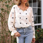 Women's Textured Linen-Look Blouse with Dots