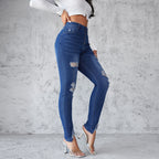 High-Waist Skinny Jeans with Distressed Details and Buttons
