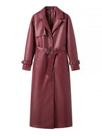 Women's Faux Leather Trench Coat with Belt and Chic Collar