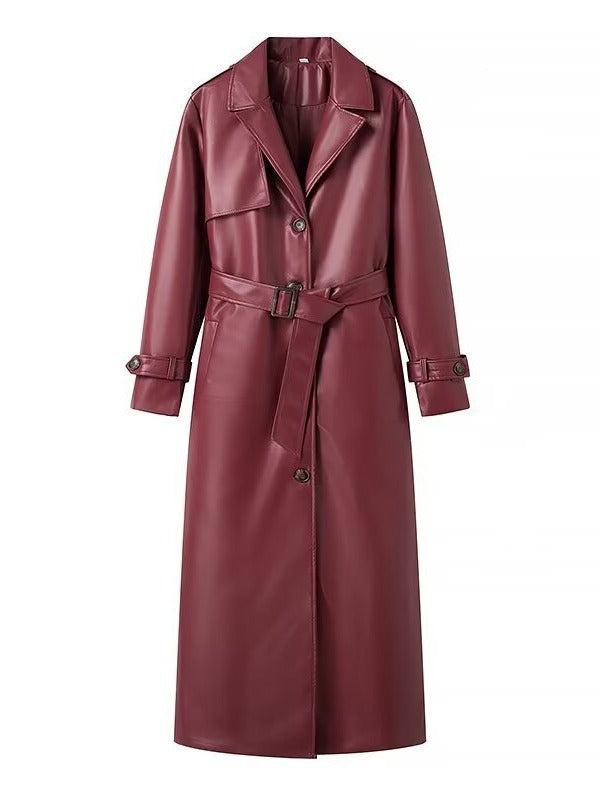 Women's Faux Leather Trench Coat with Belt and Chic Collar