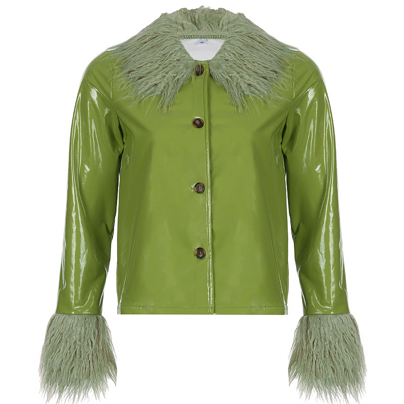 Women's Fashionable Patent Coat with Cozy Faux Fur Collar