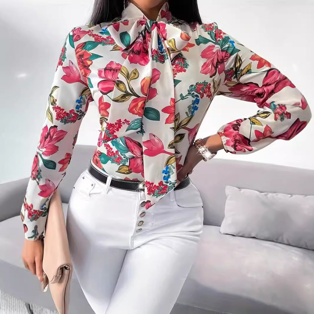 Women's Blouse with Bow Detail and Floral Design
