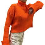 Women's High-Neck Cropped Sweater with Asymmetrical Cut