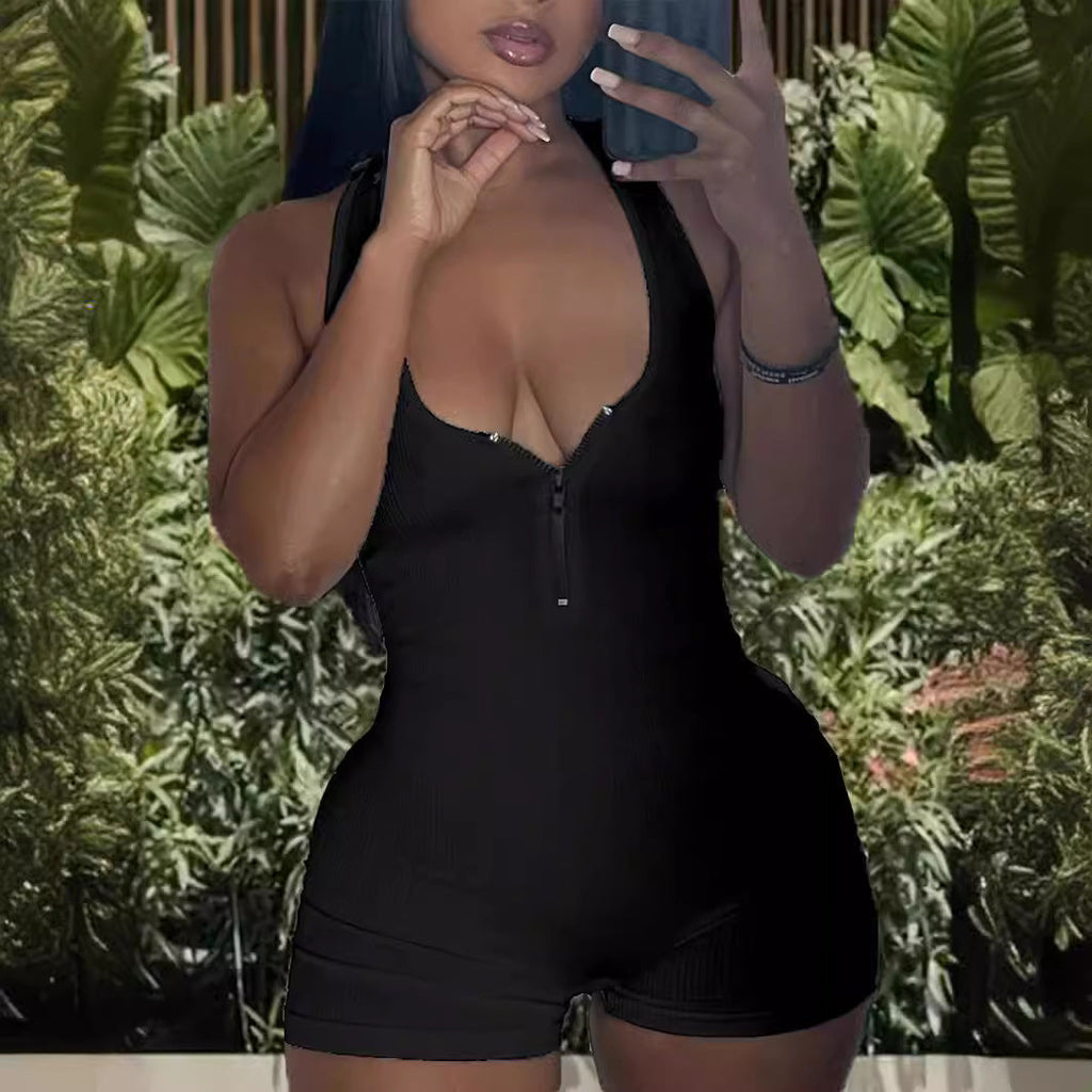 Women's Jumpsuit with Deep V-Neck and Zipper