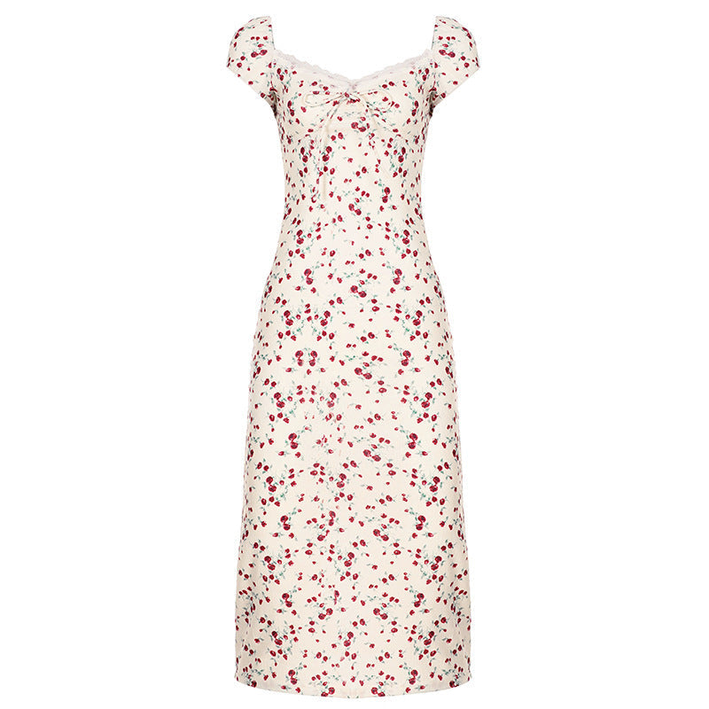 Women's Floral Dress with Playful Cut and Fine Lace Accents