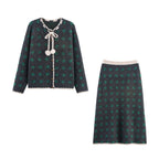 Elegant Knit Set with Floral Pattern and Decorative Trim