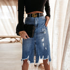 Women's Midi Skirt with Asymmetrical Hem and Destroyed Effects