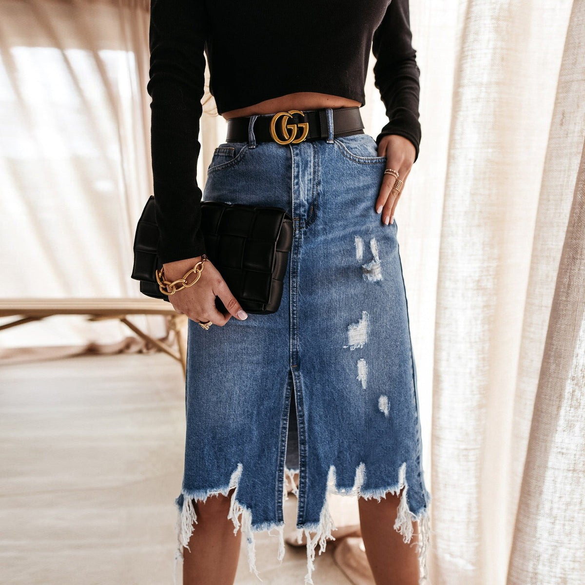 Women's Midi Skirt with Asymmetrical Hem and Destroyed Effects