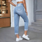 Women's High-Waisted Jeans with Frayed Hem