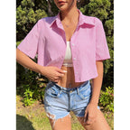 Women's Short-Sleeve Shirt with Tie Belt and Back Cutout